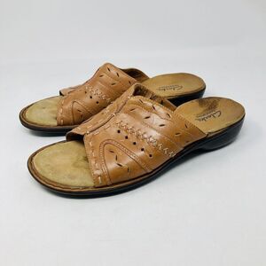 Clarks Bendables Women’s brown leather Slip On Sandals Shoes 9M Laser Cut